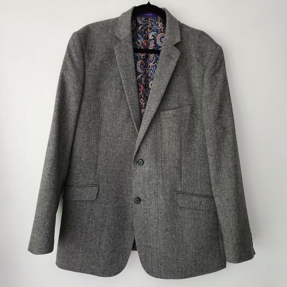 Alan Flusser wool polyester blend 2 button blazer herringbone paisley lining‎ L